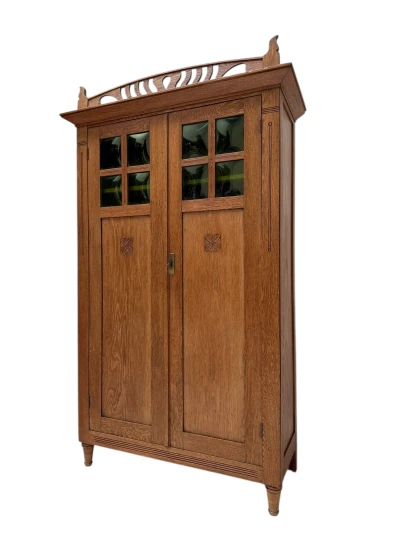 Arts & Crafts Art Nouveau Bookcase with Original Green Glass, 1900s